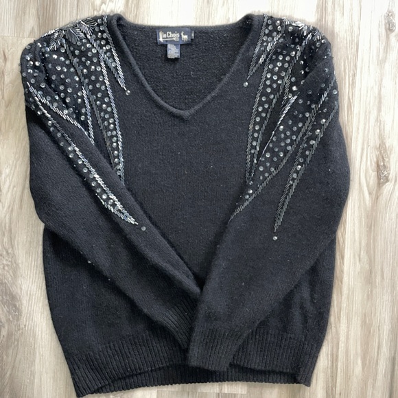 Vintage Le Chois Embellished Beaded Black Angora Wool & Silk Sweater Medium - Picture 8 of 10